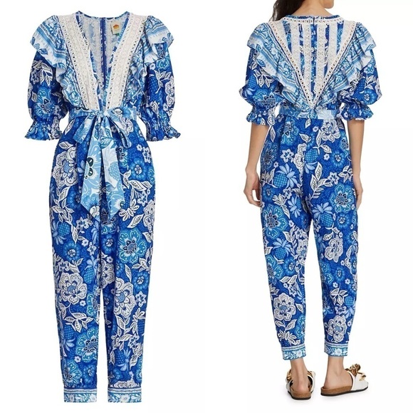 FARM RIO Linen Floral Paisley Puff Sleeve Ruffle Lace V-Neck Tie Belt Jumpsuit S - Picture 15 of 16